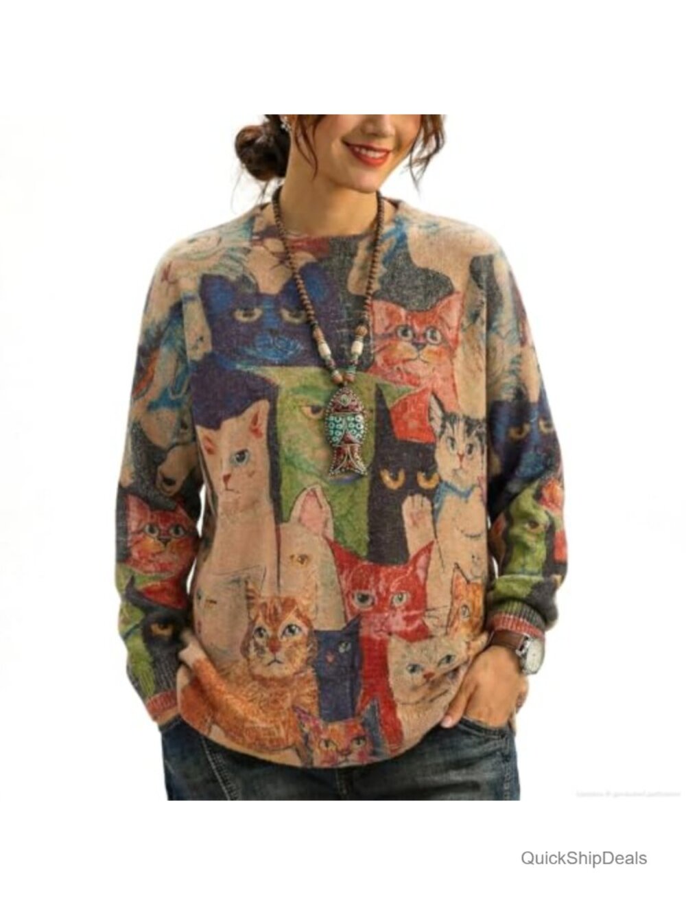 Oversized Graphic Print Knit Pullover Sweater Crewneck Women's
